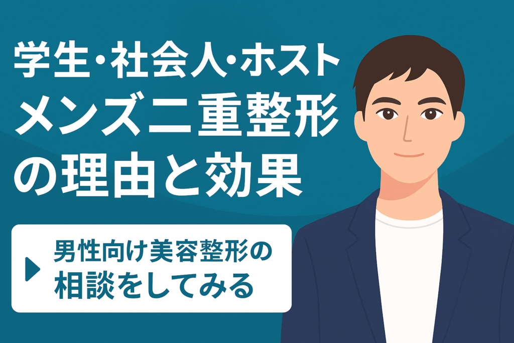 「学生・社会人・ホスト別に解説するメンズ二重整形の理由と効果を紹介するブログ記事アイキャッチ画像」