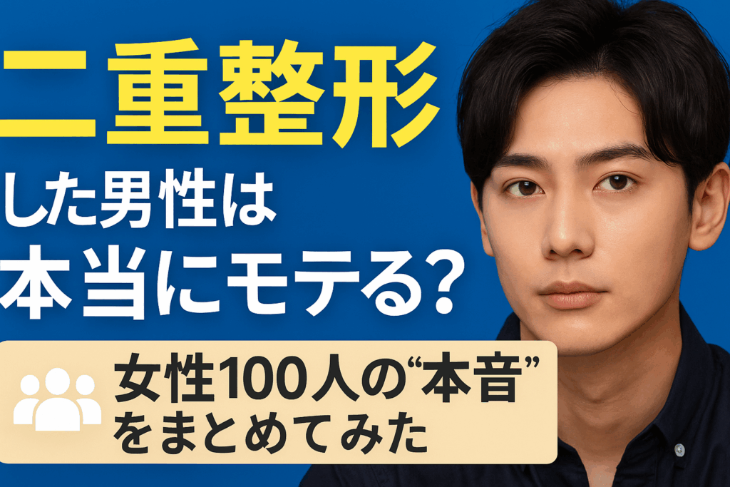 二重整形した男性は本当にモテるのかを解説した記事のアイキャッチ画像。青背景に男性モデルの顔と“女性100人の本音”というキャッチコピーが配置されたデザイン。
