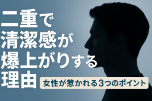 二重整形で清潔感が上がる理由を解説する記事用アイキャッチ。男性の横顔シルエットと『二重で清潔感が爆上がりする理由・女性が惹かれる3つのポイント』という大きな文字が配置されたデザイン。