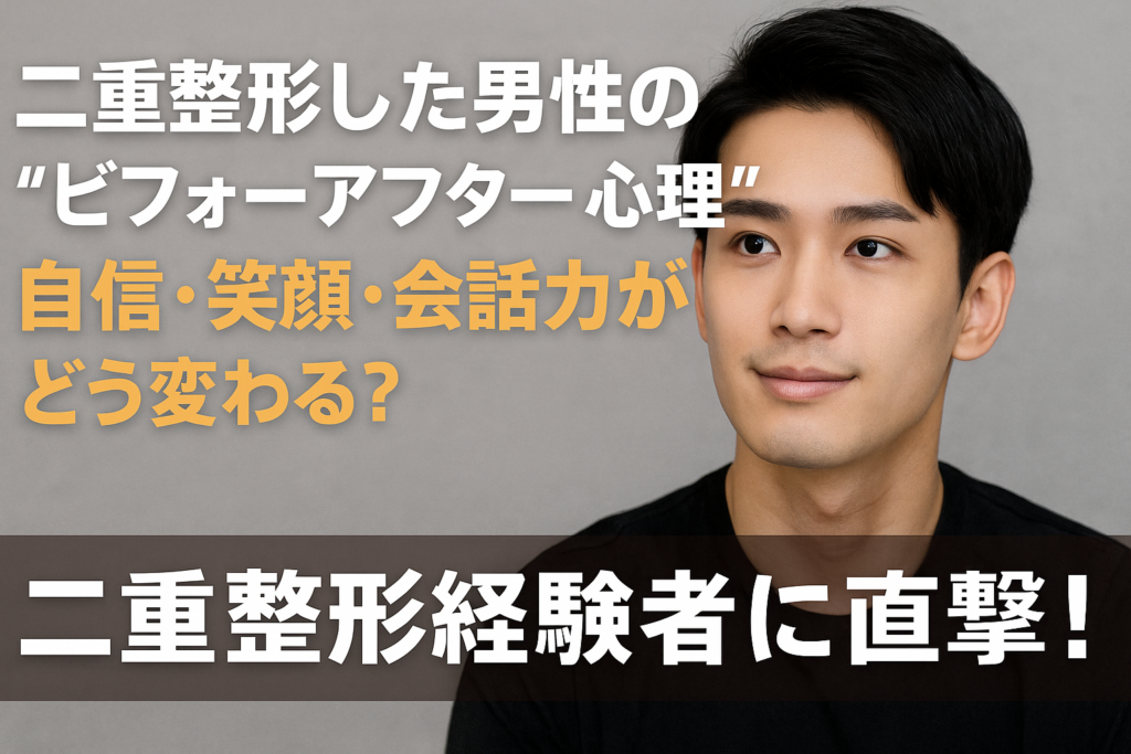 二重整形した男性がビフォーアフターでどれだけ自信・笑顔・会話力が変わるのかを解説するブログ用アイキャッチ。横長レイアウトで、自然な二重の男性と大きな見出しテキストが入ったデザイン画像。