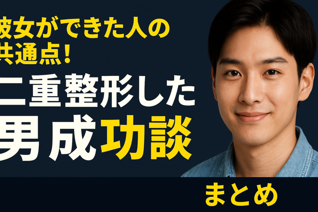 二重整形をきっかけに彼女ができた男性の成功談を紹介するブログのアイキャッチ画像。清潔感のある男性の顔写真と『彼女ができた人の共通点』『二重整形した男の成功談』という文字が入った横長デザイン。