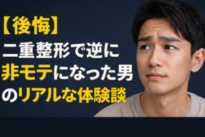 二重整形で後悔し、逆に非モテになった男性のリアルな体験談を表現したアイキャッチ画像