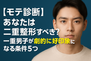 二重整形すべきか悩む男性向けの診断記事を紹介するアイキャッチ画像。男性の顔写真と“大人の一重男子が劇的に好印象になる条件5つ”というキャッチコピーが表示されたデザイン。